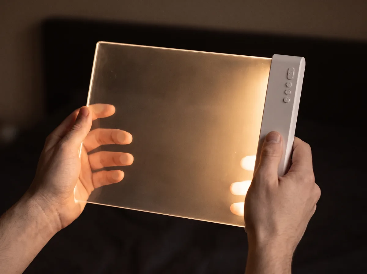 Two hands holding the lit Lorelight panel upright, showing it is about as wide as two spread hands