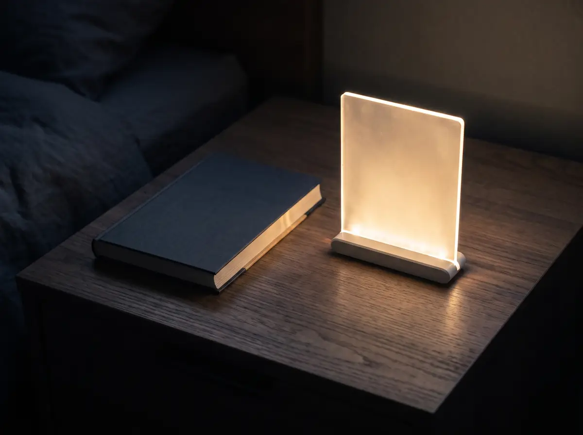 The panel lifted off the book and standing upright on a nightstand, glowing softly as a bedside lamp